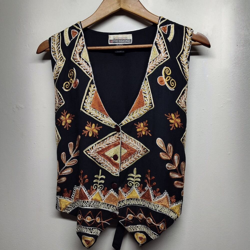 Body Xpressions Vest Women M Black Floral Embroidery Vintage Autumn Retro 90's
